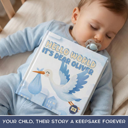 Personalized Baby Boy Book, Stork Illustration, Newborn Gift