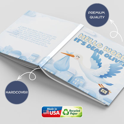 Personalized Baby Boy Book, Stork Illustration, Newborn Gift