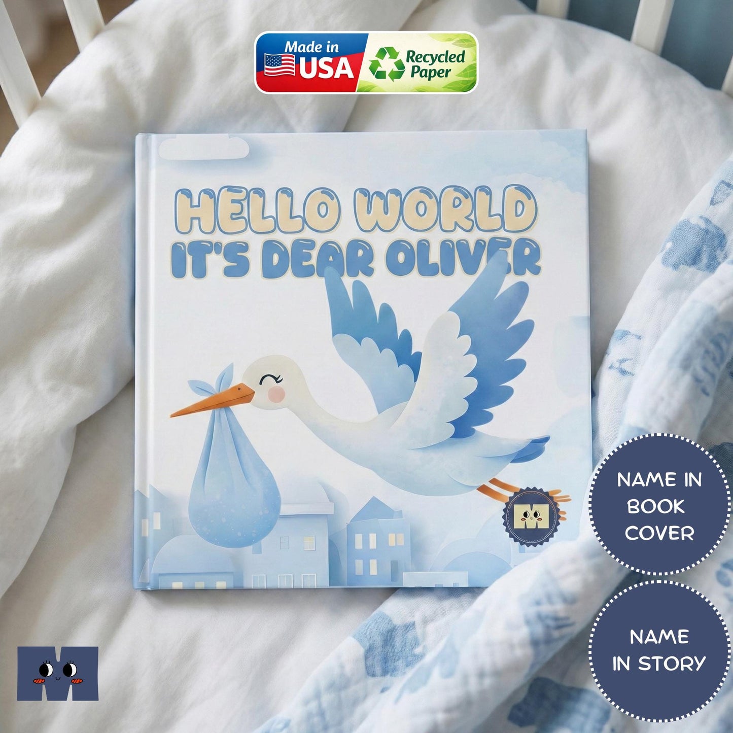 Personalized Baby Boy Book, Stork Illustration, Newborn Gift
