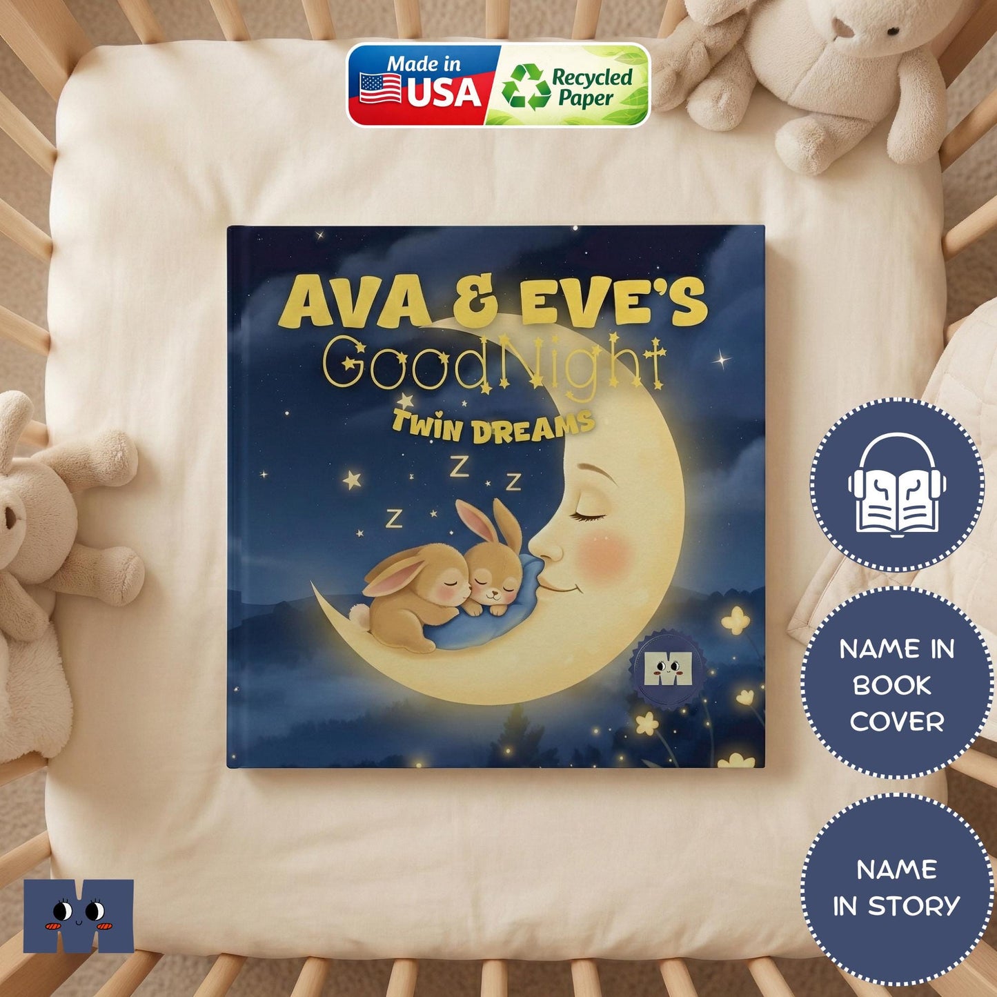 Personalized Twin Bedtime Story Book with Custom Name, Gift for Baby Siblings