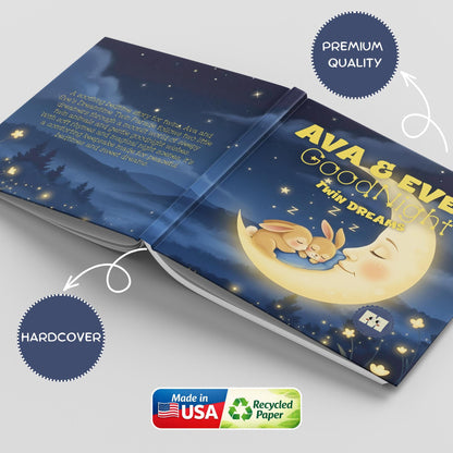 Personalized Twin Bedtime Story Book with Custom Name, Gift for Baby Siblings