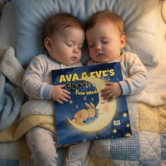 Personalized Twin Bedtime Story Book with Custom Name, Gift for Baby Siblings